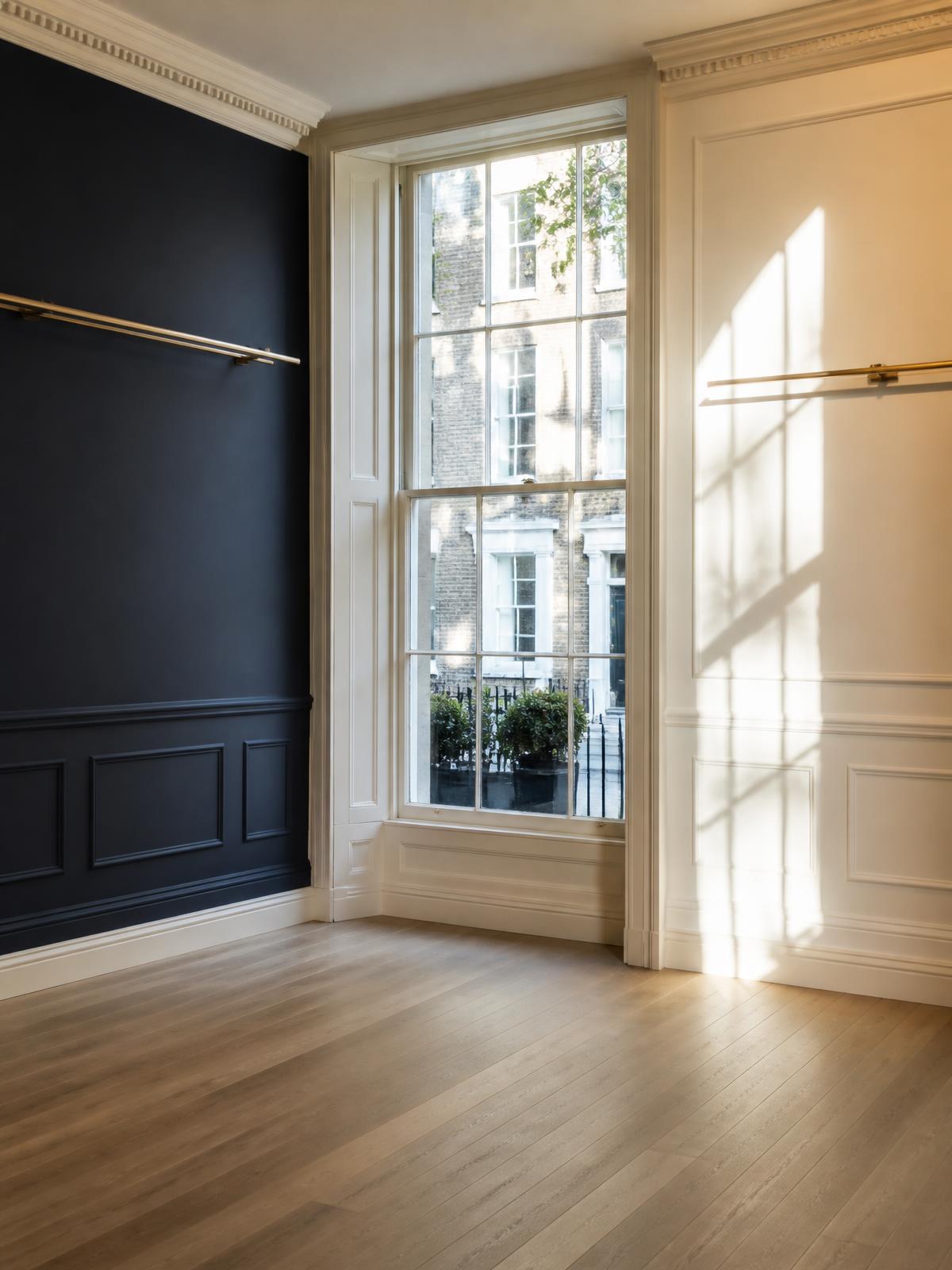 An empty London boutique interior with navy walls and warm brass detailing
